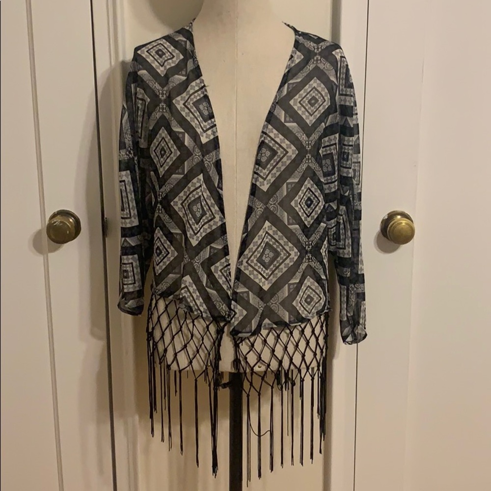 Aqua sheer black, white, grey cover up with fringe